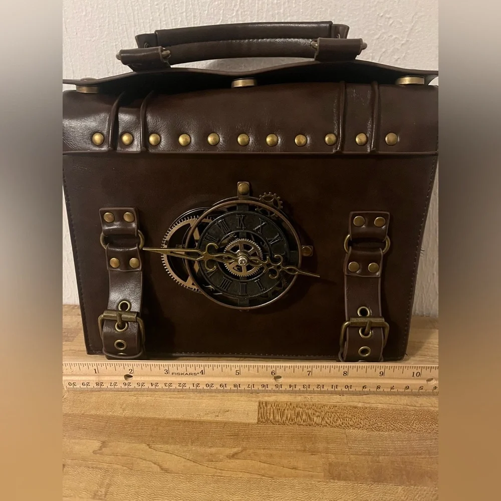 Penny Dreadful Steampunk Clock Brown Faux Leather Studded Buckles Details Bag - Picture 10 of 12